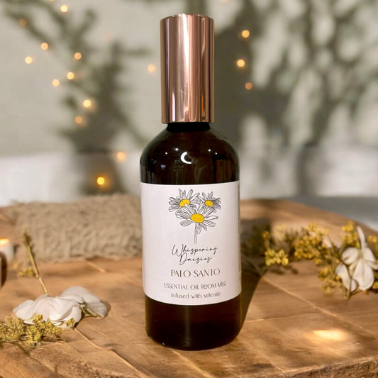 Palo Santo & Selenite Room Mist in a 100ml glass bottle, handmade spiritual cleansing spray by Whispering Daisies, perfect for meditation or bedtime.